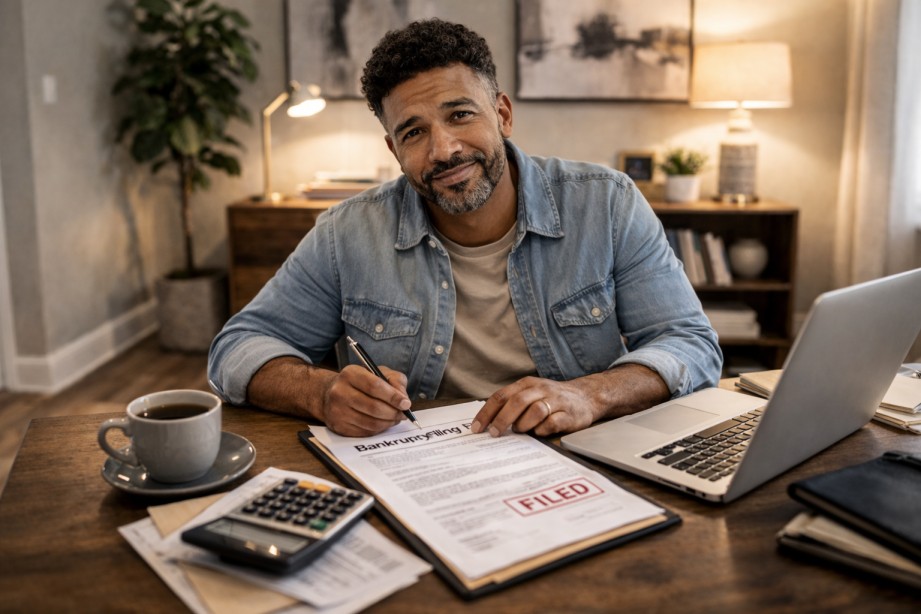 A middle-aged mixed-race man calmly completing bankruptcy paperwork at his home office desk, showing the moment bankruptcy stops feeling scary and starts feeling manageable.